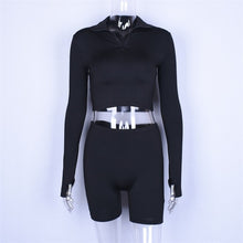 Load image into Gallery viewer, long sleeve zipper high neck elastic sexy crop tops shorts