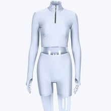 Load image into Gallery viewer, long sleeve zipper high neck elastic sexy crop tops shorts